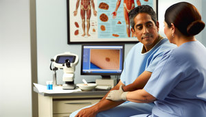 Close-up of a dermatology consultation: a middle-aged Hispanic patient on an examination table, with a Hispanic dermatologist using a dermatoscope to examine an irregular mole on the patient's forearm. The well-lit room features medical tools and a computer displaying a digital image of a skin lesion, highlighting the importance of skin cancer diagnosis, including the ABCDE of melanoma and the role of excisional biopsy in identifying basal cell carcinoma.