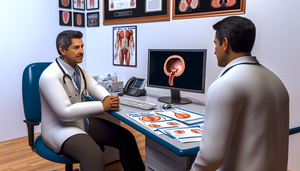 A middle-aged Hispanic physician in a white coat and stethoscope explains prostate cancer diagnosis procedures, including elevated PSA testing, digital rectal exams, and transrectal ultrasound, to a patient during a medical consultation. On the desk, there are Spanish brochures about PSA testing, digital rectal exams, and prostate biopsy. A 3D illustration of the prostate gland is displayed on the computer screen. The environment is professional, conveying trust and understanding.