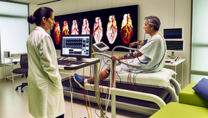 Image of a middle-aged Hispanic patient undergoing an exercise ECG test in a Spanish hospital, connected to electrodes while a cardiologist monitors the ECG in real-time. In the background, a coronary angiography image is displayed on a screen, highlighting advanced technology in the diagnosis of ischemic heart disease.