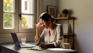 Middle-aged Hispanic woman sitting at a desk, gently massaging her temples with a look of mild discomfort, illustrating symptoms of tension-type headache. The presence of a laptop and a glass of water on the desk suggests a work environment, highlighting the impact of stress management on bilateral headache and the importance of migraine differentiation in diagnosis.