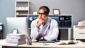 Middle-aged Hispanic physician in a white coat and glasses, seated at a desk in a modern medical office, intently examining a computer screen displaying clinical scales and diagnostic tools for depression, including PHQ-9 and Hamilton scales. The desk is cluttered with open medical books, a stethoscope, and a notepad filled with notes. In the background, a bookshelf filled with medical literature and a framed diploma can be seen. The image conveys a professional atmosphere focused on depression diagnosis and comorbidity assessment through a thorough psychiatric interview.
