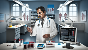 A Hispanic physician in his 40s, wearing a white coat and stethoscope, carefully examines a blood sample in a test tube in a modern medical laboratory. On the table, there is a glucometer and a computer displaying a graph of blood glucose levels. In the background, shelves with medical supplies and a poster outlining the diagnostic criteria for type 2 diabetes are visible. The image conveys a focused and professional environment for medical research and diagnosis, emphasizing the importance of fasting blood glucose, HbA1c, glucose tolerance, and risk factors in type 2 diabetes diagnosis.