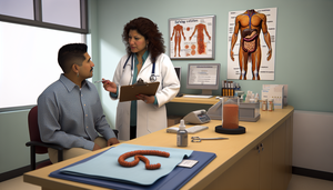 Consulta médica en una sala bien iluminada, donde una doctora hispana de unos 40 años, con bata blanca y estetoscopio, explica a un paciente hispano de unos 30 años sobre la enfermedad celíaca. La doctora sostiene un portapapeles con gráficos médicos relacionados con la enfermedad. En el escritorio hay herramientas médicas, un modelo del sistema digestivo y una pantalla de computadora mostrando resultados de pruebas serológicas. Un póster en la pared ilustra el intestino delgado, destacando áreas afectadas por la enfermedad celíaca.