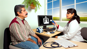 Medical consultation between a middle-aged Hispanic patient and a Hispanic doctor explaining the use of a spirometer. The doctor points to a screen displaying a spirometry graph, emphasizing the significance of this test in COPD diagnosis, including FEV1 and FEV1/FVC ratio assessment, as well as asthma-COPD differentiation. The desk is equipped with medical charts and a stethoscope, creating a professional and reassuring atmosphere.