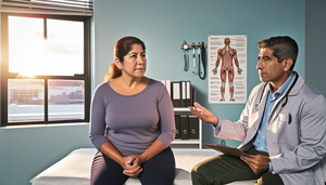 A middle-aged Hispanic woman in a medical office, attentively listening as her Hispanic doctor explains the trigger points associated with fibromyalgia diagnosis using a human body diagram. The professional and warm environment reflects trust and understanding, emphasizing the ACR criteria for diffuse chronic pain and fatigue.