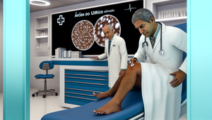 Image of a Hispanic physician performing arthrocentesis on a patient's knee in a modern clinic. In the background, a digital screen displays monosodium urate crystals under a microscope with the text 