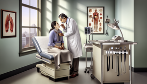 A Hispanic doctor in his 40s, wearing a white coat and stethoscope, examines the throat of a Hispanic female patient in her 30s in a modern medical examination room. The patient appears slightly ill, sitting on an examination table with a light blanket over her shoulders. In the background, medical tools and a poster of the human respiratory system are visible. This scene reflects a professional and compassionate environment focused on influenza diagnosis, including the assessment of influenza symptoms and the importance of physical examination in differentiating influenza from a cold.