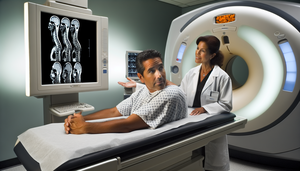 Middle-aged Hispanic patient in a modern radiology room, lying on an examination table and wearing a hospital gown. A Hispanic radiologist is showing a magnetic resonance imaging scan on the screen, highlighting lumbar disc herniation and nerve compression. The professional environment emphasizes the importance of accurate diagnosis in cases of radiating low back pain and sciatica.