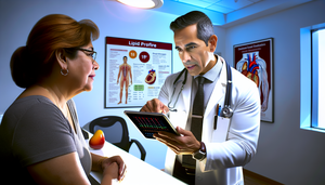 Medical consultation in a modern clinic where a Hispanic physician in his 40s, wearing a white coat and stethoscope, explains a lipid profile graph on a tablet to a Hispanic female patient in her 50s. The patient, dressed casually, displays interest and concern. In the background, there are medical posters about cardiovascular risk, hypercholesterolemia diagnosis, and elevated LDL levels.