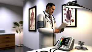 A Hispanic physician in his 40s, wearing a white coat and stethoscope, carefully reviews a medical record in a modern office. Next to him, a digital blood pressure monitor displays a reading. In the background, an anatomical chart of the human cardiovascular system is visible. The scene emphasizes a professional and calm environment, highlighting the importance of accurate hypertension diagnosis, blood pressure measurement, and clinical decision-making in managing hypertension, including the use of ambulatory blood pressure monitoring (ABPM) and hypertension ECG.