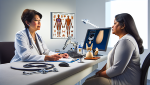 Medical consultation in an examination room, where a middle-aged Hispanic female doctor carefully reviews the medical history of a Hispanic female patient in her 40s. On the desk are medical tools, a thyroid gland model, and a computer displaying a chart of thyroid hormone test results. The scene reflects a professional environment focused on the clinical evaluation and diagnosis of hypothyroidism, highlighting elevated TSH, low free T4, thyroid antibodies, and associated clinical symptoms.