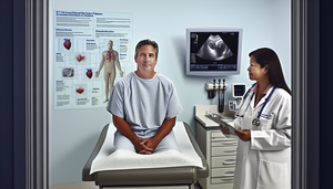 Middle-aged Hispanic patient in a cardiology clinic, sitting on an examination table and wearing a hospital gown. A Hispanic female doctor, dressed in a white coat with a stethoscope, holds a tablet displaying an echocardiogram. On the wall, a diagram of the NYHA classification for heart failure is visible. The setting is professional and reassuring, emphasizing heart failure diagnosis and ejection fraction assessment.