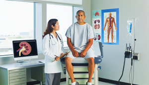 A middle-aged Hispanic patient sits on an examination table, attentively listening to a Hispanic doctor holding a clipboard. Behind them, a diagram of the human urinary system highlights the kidneys and urinary tract. Nearby, a monitor displays a 3D image of a kidney with renal stones. The room is naturally lit, creating a professional and welcoming atmosphere, ideal for discussing renal lithiasis diagnosis, renal ultrasound, and nephritic colic pain.