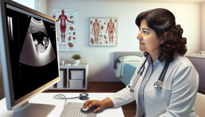 Doctora hispana en un entorno médico profesional, examinando una imagen de ecografía pélvica en una pantalla de computadora, que muestra fibromas uterinos. La doctora tiene una expresión concentrada, destacando la importancia del diagnóstico preciso de miomas uterinos. En el fondo, una oficina médica con libros y un modelo del sistema reproductivo femenino.
