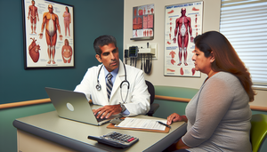 Medical consultation in a modern clinic featuring a Hispanic doctor in his 40s explaining obesity diagnosis to a Hispanic patient in her 30s. The desk displays medical charts and a BMI calculator. In the background, a poster on body mass index and obesity, highlighting the importance of abdominal circumference in assessing endocrine and genetic obesity.