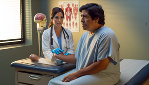 Middle-aged Hispanic patient in a medical consultation, sitting on an examination table with a thoughtful expression. He is wearing a light blue hospital gown. A Caucasian female doctor, dressed in a white coat and stethoscope, assesses the patient's resting tremor and bradykinesia. The setting is a medical office featuring charts and a human brain model, emphasizing the importance of accurate Parkinson's diagnosis and ruling out secondary parkinsonisms.