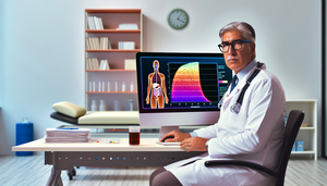 Un médico hispano de mediana edad en una sala de examen moderna observa atentamente una pantalla de computadora que muestra un gráfico de niveles de pH, relacionado con una prueba de pH-metría. En el escritorio hay libros médicos y un modelo del sistema digestivo humano, destacando el esófago y el estómago, en un entorno profesional y calmado.