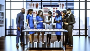 A diverse group of doctors of various genders and ethnicities is gathered in a modern medical office, examining a comparative chart of common cold symptoms and other infections. The physicians are engaged in discussion, with some pointing at the chart and others taking notes, fostering a collaborative professional environment. In the background, medical books and anatomical models emphasize the importance of accurate diagnosis in differentiating rhinovirus from flu.