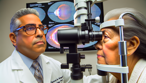 A Hispanic ophthalmologist in his 40s examines the eye of a Hispanic female patient in her 60s using a slit lamp in a modern clinic. In the background, a digital screen displays detailed images of a retina showing signs of diabetic retinopathy, including microaneurysms, hard exudates, neovascularization, and retinal hemorrhages.