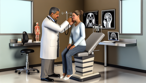 A middle-aged Hispanic physician examines a Hispanic patient in a modern ENT examination room. He uses an otoscope to perform a rhinoscopy, assessing the patient's paranasal sinuses for signs of bacterial sinusitis. In the background, a CT scan of the paranasal sinuses is displayed on a computer screen alongside an anatomical model of the human head. The room is well-lit and organized, creating a professional and welcoming environment for accurate sinusitis diagnosis.