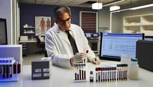 Image of a modern medical laboratory. A Hispanic doctor in his 40s, wearing a white coat and glasses, examines a test tube containing a blood sample. On the table, there are testing kits labeled for ELISA and Western Blot, while a computer displays a viral load graph. In the background, shelves are filled with laboratory equipment and a poster illustrating the HIV life cycle. The setting emphasizes a professional environment focused on accurate HIV diagnosis and management of retroviral infections, including CD4 count assessments.