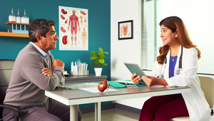 Middle-aged Hispanic patient in a medical consultation with a Hispanic doctor, who is explaining the use of furosemide, a loop diuretic. The doctor is wearing a white coat and stethoscope, and there is a kidney model on the desk, highlighting the importance of renal function and monitoring for electrolyte imbalance and hypovolemia, while considering the risk of ototoxicity.