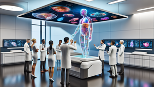 Un equipo diverso de médicos y profesionales de la salud en una sala de hospital moderna, observando un modelo holográfico 3D de un cuerpo humano en una pantalla digital avanzada. La imagen destaca el uso de gemelos digitales en medicina para simulaciones y modelado predictivo, promoviendo la personalización terapéutica.