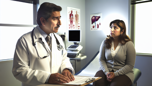 Medical consultation in a well-lit room, where a middle-aged Hispanic physician carefully reviews the medical history of a Hispanic female patient in her 30s, seated on the examination table. This interaction emphasizes the importance of differential diagnosis in liver inflammation, focusing on acute hepatitis and autoimmune hepatitis, with attention to jaundice, elevated transaminases, and relevant antibodies.