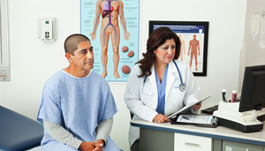 A middle-aged Hispanic patient in a light blue hospital gown attentively listens to a Hispanic doctor holding a medical history. On the desk, a model of the lymphatic system highlights the lymph nodes, emphasizing the importance of communication in diagnosing Hodgkin lymphoma, particularly in cases presenting with painless lymphadenopathy and B symptoms like night sweats.
