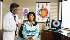 A middle-aged Hispanic woman in an ophthalmologist's office, displaying concern as the Hispanic doctor explains something while pointing to an anatomical chart of the eye highlighting the optic nerve. On the desk, there are medical tools and a computer with a 3D model of the eye. The scene reflects a professional and modern environment, relevant for discussions on optic neuritis, sudden vision loss, and multiple sclerosis differentiation, including the evoked potential test.