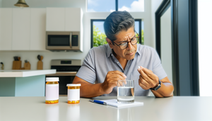 Middle-aged Hispanic man sitting in a modern kitchen, thoughtfully holding a white pill in his hand. On the table, there is a bottle of omeprazole and a glass of water, emphasizing the importance of considering the adverse reactions of this proton pump inhibitor, including hypomagnesemia and osteoporosis.