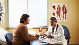 Un médico hispano de mediana edad, con bata blanca y estetoscopio, explica atentamente un gráfico a una paciente hispana de unos 50 años en una sala de consulta hospitalaria iluminada por luz natural. En el escritorio hay folletos médicos y un modelo de la vejiga humana, mientras que en la pared se ve un póster anatómico del sistema urinario. La escena transmite confianza y comprensión, en el contexto de una discusión sobre el pronóstico y la supervivencia del cáncer de vejiga.