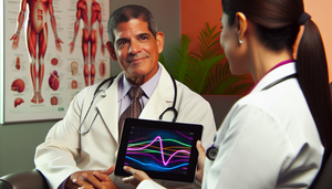 Un hombre hispano de mediana edad en una consulta médica, observando atentamente a una doctora hispana que sostiene una tableta digital mostrando estadísticas médicas. La escena refleja un ambiente profesional y colaborativo, relevante para el pronóstico del carcinoma escamocelular.