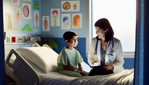 Una doctora hispana en sus 40s, con bata blanca, muestra una imagen de una resonancia cerebral en una tablet a un niño hispano de 8 años en una cama de hospital. La interacción refleja confianza y optimismo en un entorno hospitalario cálido y acogedor.