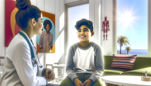 Un niño hispano de aproximadamente 10 años sonríe en una clínica de oncología pediátrica, acompañado por una doctora hispana que le habla con empatía. La imagen refleja un ambiente cálido y esperanzador, destacando la atención compasiva en el tratamiento del sarcoma de Ewing.