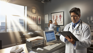 Oficina médica moderna y bien organizada con un doctor hispano de unos 40 años revisando atentamente un checklist en un portapapeles, simbolizando la estandarización y optimización de consultas. Al fondo, una enfermera hispana organiza suministros médicos, destacando la eficiencia en el entorno clínico. La integración de tecnología se refleja en una computadora con una interfaz de checklist digital.