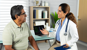 A middle-aged Hispanic man in a medical consultation, attentively listening to a Hispanic female doctor who is explaining with a reassuring smile. On the desk, there are medical charts symbolizing the discussion about the use of risperidone, monitoring hyperprolactinemia, and managing extrapyramidal symptoms in patients with psychosis.