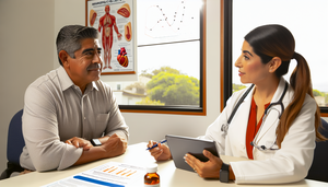 A middle-aged Hispanic man in a doctor's office, attentively listening as she explains lipid control using a tablet displaying a cholesterol level graph. On the desk are brochures about cholesterol management and a bottle of rosuvastatin, highlighting the importance of doctor-patient communication in the treatment with potent statins and addressing concerns like myalgias and hepatic toxicity.
