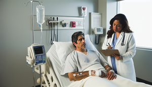 Middle-aged Hispanic patient in a hospital bed receiving intravenous fluids, attended by a Hispanic doctor reviewing medical history. The clinical environment showcases medical equipment, illustrating a setting for monitoring and analysis of severe viral infection, high fever, inflammatory markers, and blood cultures related to sepsis.