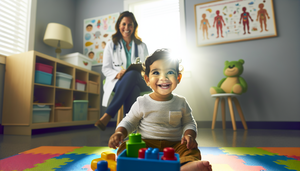 A serene pediatric clinic with soft natural lighting. In the foreground, a young Hispanic boy, approximately 3 years old, joyfully plays with building blocks, displaying curiosity. In the background, a middle-aged Hispanic pediatrician attentively observes the child while holding a clipboard. The atmosphere is calm and supportive, emphasizing the importance of early recognition of signs in Angelman syndrome, severe developmental delay, and differentiation from Prader-Willi syndrome, as well as the relevance of the UBE3A genetic test in diagnosis.