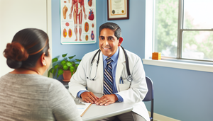 A Hispanic physician in a white coat and stethoscope engages in a friendly conversation with a middle-aged Hispanic patient in a primary care consultation room. The patient holds a questionnaire, indicating a focus on depression screening and anxiety assessment. The warm and inviting environment, enhanced by natural light and plants, fosters trust and open communication about mental health.