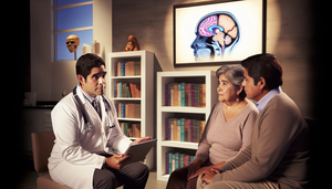 Image of a compassionate and professional medical environment focused on Alzheimer's treatment. A middle-aged Hispanic physician in a white coat and stethoscope explains a treatment plan to an elderly Hispanic female patient and her family, using a tablet that displays a brain diagram. The patient, a Hispanic woman in her 70s, appears engaged and hopeful. Her family, a young man and woman, listen attentively. The setting is warm and supportive, emphasizing a holistic and empathetic approach to Alzheimer's care, including cholinesterase inhibitors, memantine, and caregiver support in neuropsychiatry.