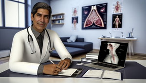 Image of a middle-aged Hispanic physician in a modern medical office, writing a prescription while reviewing a digital throat chart on his laptop. In the background, a poster illustrates the anatomy of the throat and tonsils, highlighting a professional environment focused on tonsillitis treatment, including penicillin, anti-inflammatories, hydration, and selective tonsillectomy.