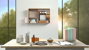 Serene medical office featuring a wooden desk divided into three sections: one with bottles of benzodiazepines and a stethoscope, another with boxes of SSRIs and a prescription pad, and the last with an aromatherapy diffuser and meditation books. In the background, a tranquil garden with soft lighting, emphasizing the importance of anxiety treatment and psychiatric follow-up.