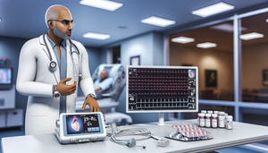 Image of a Hispanic cardiologist in his 40s examining a digital ECG monitor in a modern hospital setting. Nearby, antiarrhythmic medications and an implantable cardioverter-defibrillator (ICD) are visible, emphasizing advanced arrhythmia treatment options such as beta-blockers, amiodarone, ablation, and pacemakers.