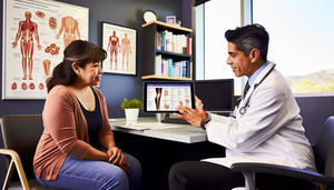 Middle-aged Hispanic woman in a modern medical consultation discussing rheumatoid arthritis treatment options with a physician. The doctor holds a tablet displaying illustrations of joints and medication options. On the desk, there are brochures about DMARDs, TNF inhibitors, and rehabilitation therapies for flare control. The environment is professional and welcoming.