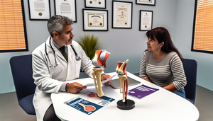 Medical consultation in a modern clinic: a middle-aged Hispanic doctor discusses osteoarthritis treatment options with a Hispanic female patient in her 50s, using an anatomical model of a knee. On the desk, there are brochures about NSAIDs, intra-articular hyaluronic acid, rehabilitation, and joint prosthesis, while a laptop displays a 3D image of a knee.
