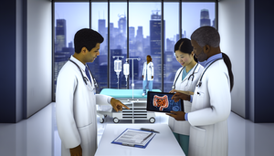 A diverse team of three physicians discusses colorectal cancer treatment in a modern hospital setting. A Hispanic female doctor holds a tablet displaying a diagram of the digestive system, while an African descent male doctor points to the diagram. An Asian female doctor takes notes on a clipboard. The image reflects a multidisciplinary approach to treatment, highlighting collaboration in surgical resection, the use of oxaliplatin and bevacizumab, and considerations for colostomy.