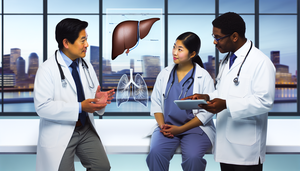 A diverse team of doctors discusses liver cancer treatment options in a professional hospital setting. A Hispanic doctor holds a tablet displaying a liver diagram, while an Asian female doctor points to the screen. An African doctor listens attentively. In the background, a modern city is visible through a large window. The image reflects a collaborative approach to treatment options such as hepatectomy, liver transplantation, radiofrequency ablation, and TACE.