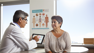 Medical consultation in a well-lit room. A middle-aged Hispanic doctor in a white coat and glasses explains a skin cancer treatment plan to a Hispanic female patient in her 50s, showing a diagram of skin layers on a digital tablet. On the desk, there are brochures about